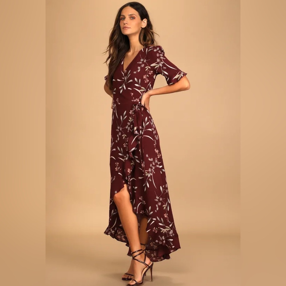 Lulus Wild Winds Burgundy Floral Print HighLow
Wrap Dress